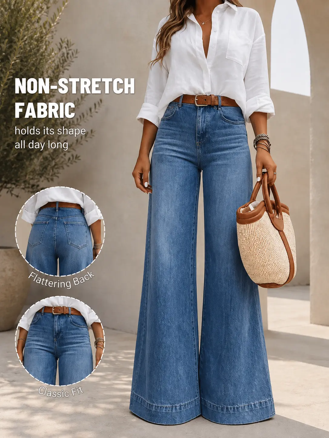 Women’s High Waisted Wide Leg Jeans, Vintage Denim Pants with Stretch Fabric, Loose Floor Length Casual Jeans for Everyday Wear Bottoms Fit