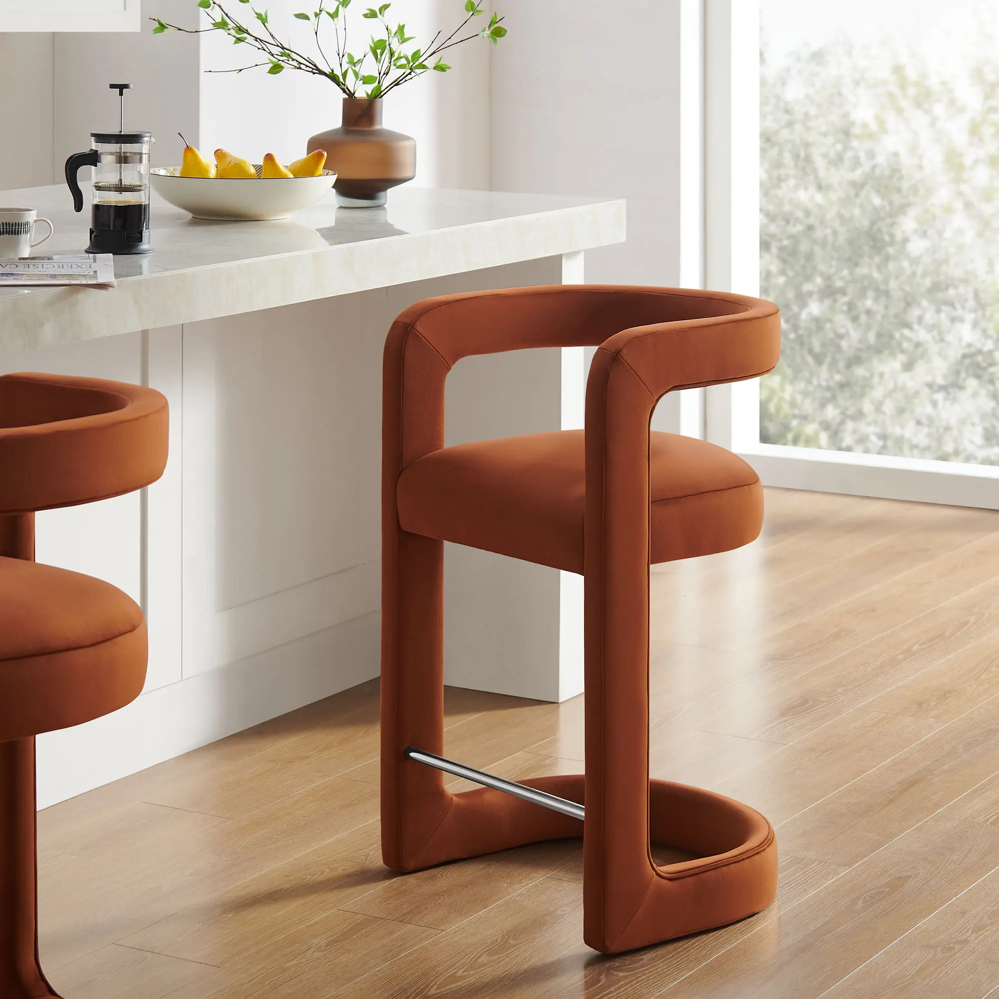 Winslow Performance Velvet Counter Stool in Rust, 35-inch Armrest Home Bar Furniture, Back and Hip Support, Curved Legs, Dense Foam Cushion