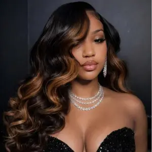 AFRIBYE Women's 30in Unprocessed Brazilian Virgin Human Hair Frontal Wig 13x6 FB-30 Highlight Body Wave, 180 Density Pre-Plucked Edges Anti-Tangle Natural Hairline Soft Bouncy Texture Heat-Resistant