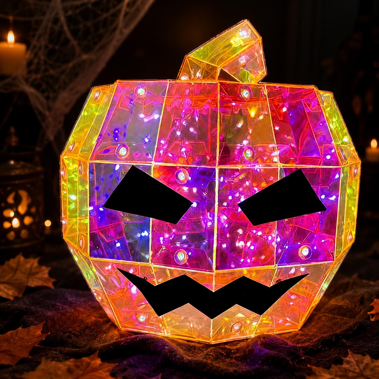 Magical Transparent Geometric Halloween Rainbow Prism Pumpkin LED Light - 15cm Battery-Operated Color-Changing Jack O' Lantern, Waterproof Indoor-Outdoor Ornaments for Home Porch Table Decoration