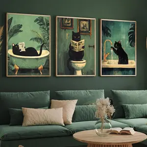 Cat & Bathroom Pattern Canvas Painting, 3 Counts/set Modern Artistic Wall Art Painting, Wall Art Decor for Home Living Room Bedroom Office, Ornaments, Print, Decoration, Gifts