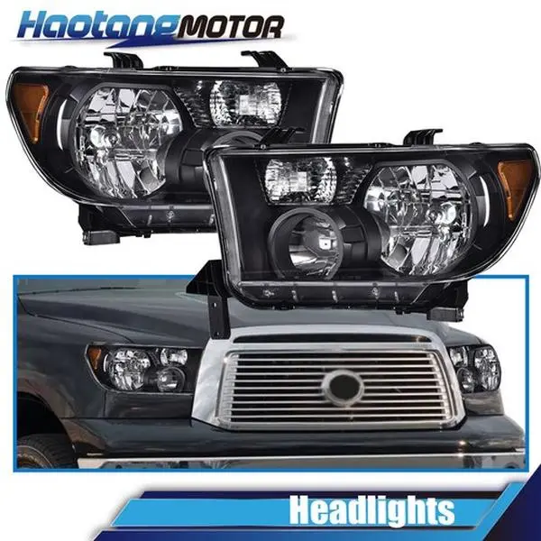 CROSSDESIGN Black Front Headlight Kit - DOT&SAE Approved Bolt-On Pair Truck Car Lights, LH+RH Replacement Lamps for 2007-2013 Toyota Tundra, 2008-2017 Sequoia, Car Exterior Upgrade, Carlights,car accessories