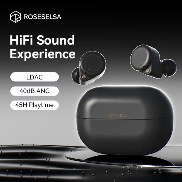 ROSESELSA CERAMICS MK2 True Wireless Earbuds - Audio Headphones with 40dB Active Noise Cancelling, Bluetooth 6.0, Hi-Res LDAC, IPX4 Water Resistant, 45H Playtime, HD Mics, Game Mode, Dual Connectivity, Sound Upgrade, PC & Laptop Compatibility