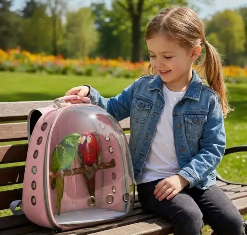 Panoramic view bird carrier– Breathable Bubble Carrier for Small & Medium Birds with Secure Perch & Locking Zippers