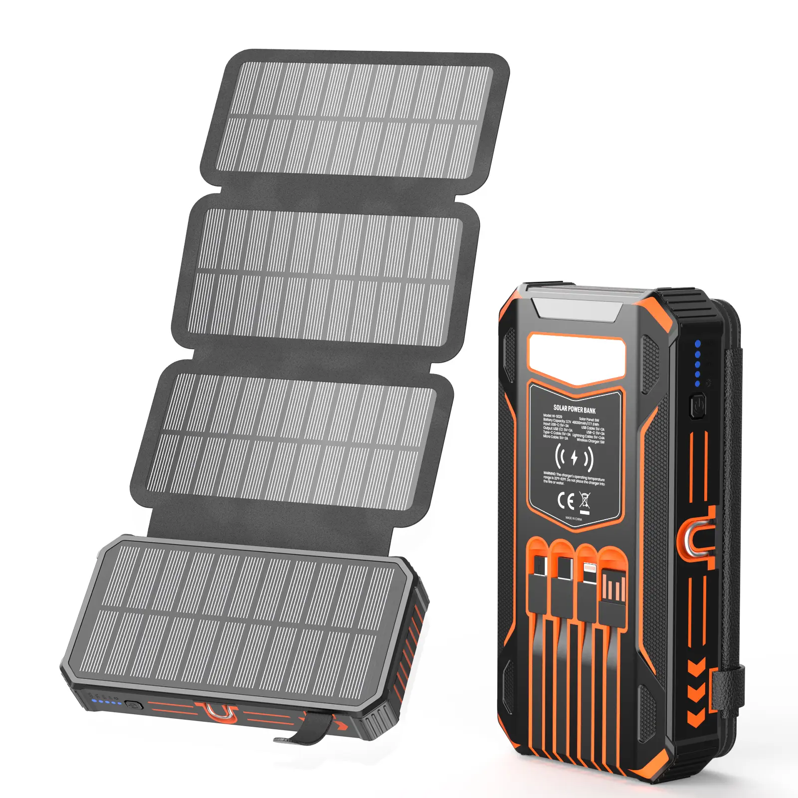 SOARAISE 48000mAh Solar Charger Power Bank, Wireless Portable Charger with 4 Built-in Cables & 7 Outputs,15W Fast Charging Portable Power Bank with USB C, Battery Pack with Flashlight for All Mobile Devices