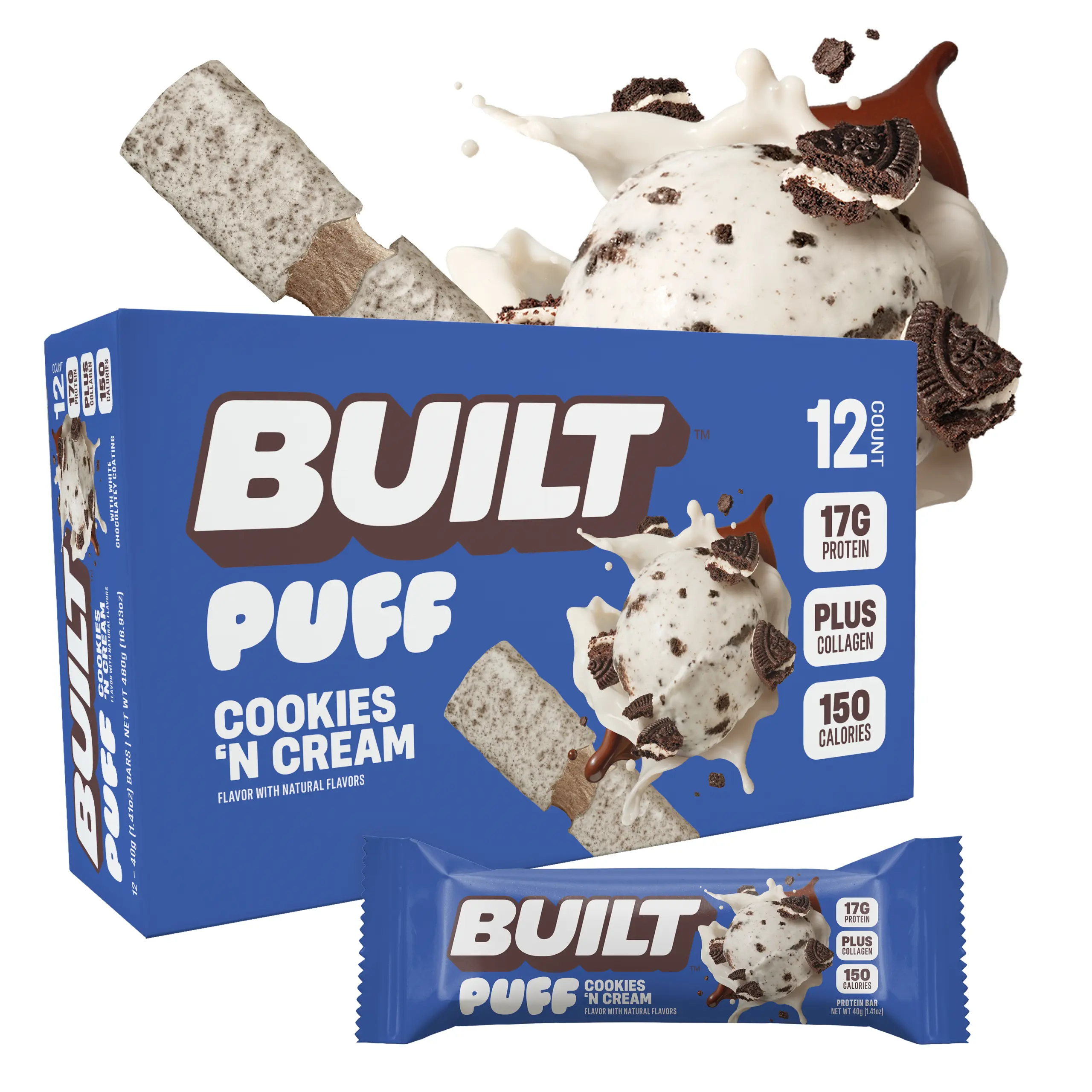 Official BUILT Bar, Puff Protein Bar Snack, Cookies 'N Cream Puff, 17g Protein, 150 Calories, Collagen, Not Gluten Free, 12 Count Box
