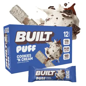 Official BUILT Bar, Puff Protein Bar Snack, Cookies 'N Cream Puff, 17g Protein, 150 Calories, Collagen, Not Gluten Free, 12 Count Box