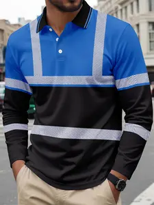 Men's Long Sleeve Polo Shirt, Polo Style, Menswear, Striped Print Casual Fitted Top, Breathable Comfortable Button Front, Spring & Fall Fashion