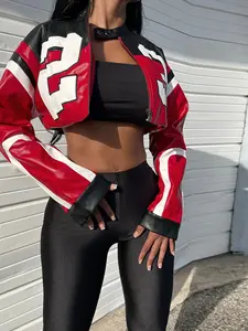 Women's Fashion Motorcycle Jacket, Colorblock Patchwork Design, Slim Fit Faux Leather Outerwear, Casual Street Style Coat, Womenswear