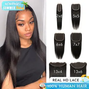 WOWANGEL 2X6/5X5/6x6/13X4/13X6 HD Lace  Straight Human Hair Closure/Frontal Only Ultra-thin Invisible Lace Closure Pre Plucked Single Knot