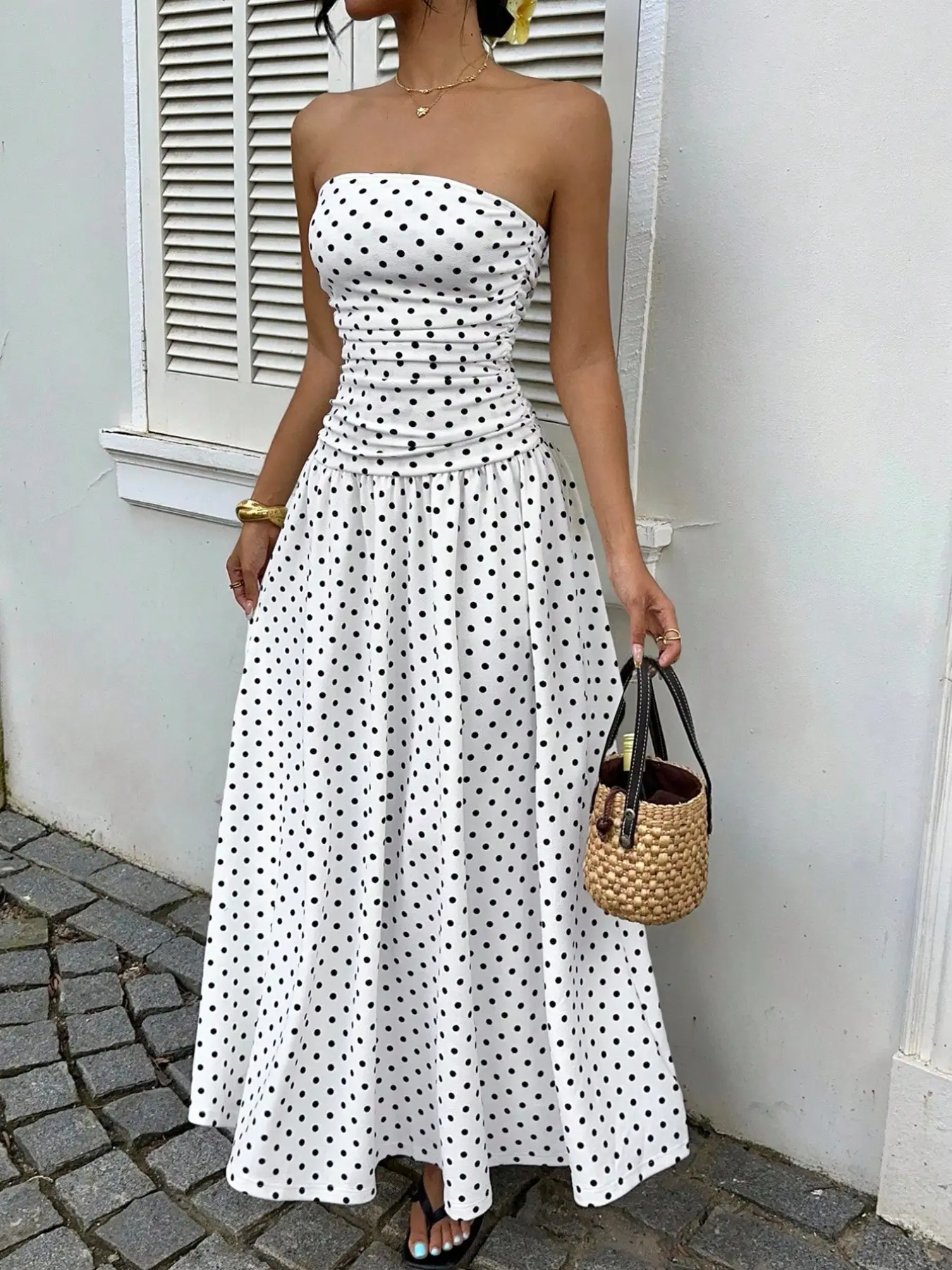 Women's Polka Dot Ruffle Fashion Feminine Chic Strapless Sleeveless Long Cami Dress, Perfect for Summer Vacation, Stylish and Comfortable, Ideal for Special Occasions, Beach Party Dress