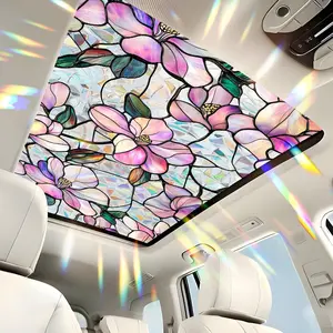 Stained Glass Car Sunroof Film Pink Mangnolia Rainbow Decorative Privacy Window Film Sun Protection Sunroof Decal Window Cling 17" x 39.4"