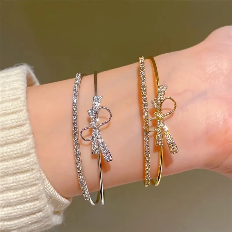 Women's Dainty Gold Bow Open Bangle Rhinestone Bracelet - Adjustable, Stackable Bracelets, Vintage Elegant Synthetic CZ, Party Accessory for Casual & Special Occasions, Ideal Gift