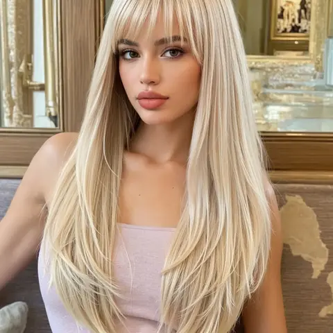 22 Inch Long Straight Wigs for Women, Gorgeous with Bangs, Synthetic Full Machine Wigs for Party, Daily Use, Synthetic Hair Wigs, Daily Wear Wig, Synthetic Material Wigs