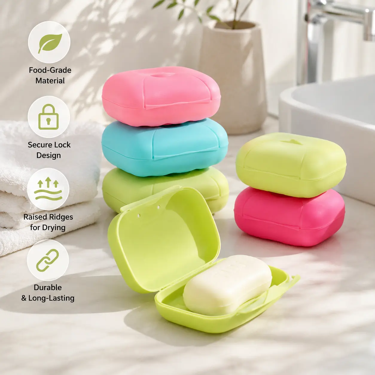 Opaque Wide Rectangular Compact Plastic Bar Soap Holder - Lock Closure, Drainage Ridges, 1 Count, Multifunctional Soap Saver for Bathroom Sink, No Leak Travel Use
