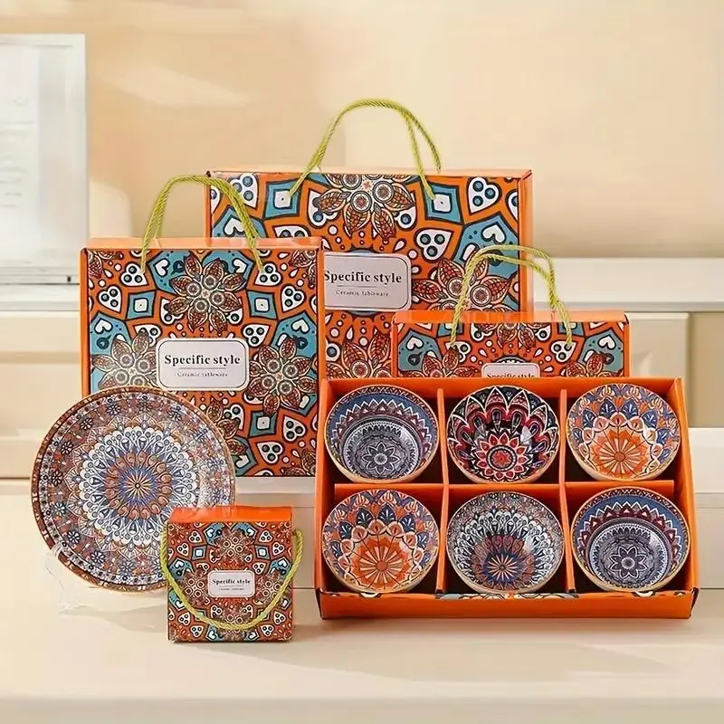 Boho Style Ceramic Tableware Set, Including Bowl & Plate & Spoon & Chopsticks & Gift Bag, Household Tableware Set for Home Kitchen Dining Room, Ceramic Dinnerware Set, Ceramic Dish Set, Dinnerware Service Set, Plates And Bowls Sets