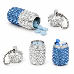 Dual-Compartment Small Pill Holder Keychain Bling Pill Container with Key Chain Travel Pill Organizer Medicine Box for Women