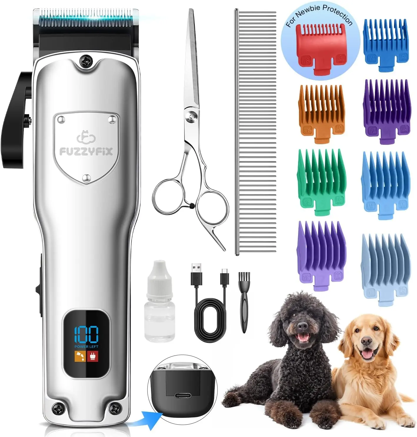 Professional Cordless Dog & Cat Grooming Clippers Kit - Rechargeable, Low-Noise Pet Hair Trimmer with Stainless Steel Blade for Thick Heavy Coats