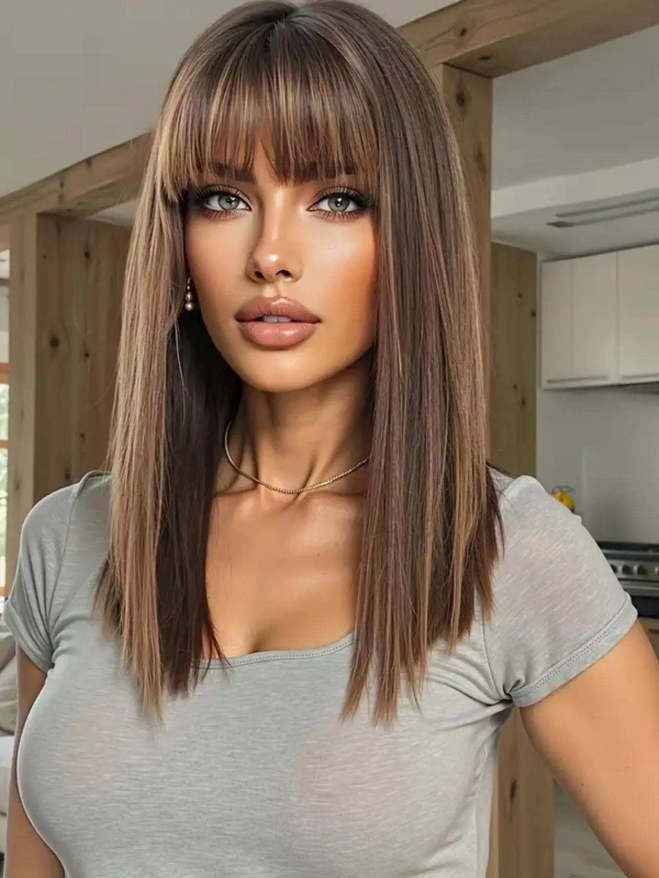 18 Inch Long Straight Layered Wig with Curtain Bangs, Medium Length Comfortable and Breathable Fashion Straight Hair Wig for Daily Style, Synthetic Hair Wig, Synthetic Machine Wigs