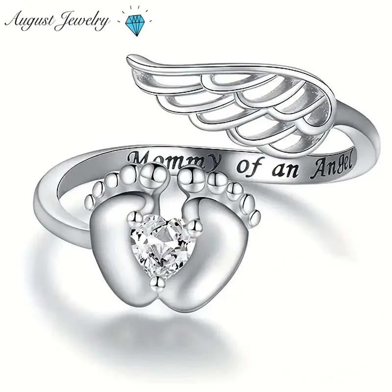 Engraved Baby Footprint Angel Wing Ring with Heart Cubic Zirconia, Sentimental Mom Jewelry, Mother's Day/Birthday Gift, Sizes 6-10, Engraved Ring