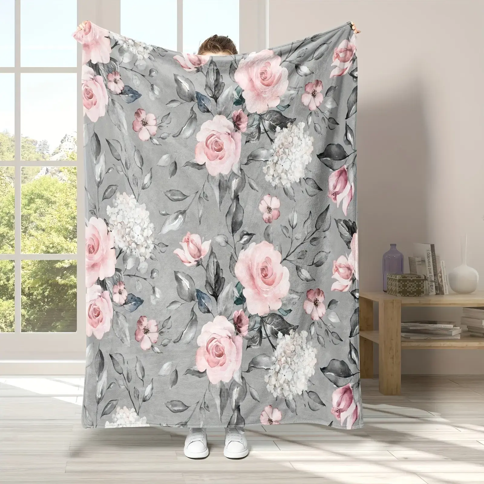 Aesthetic Blush Pink Rose Floral Fluffy Flannel , Watercolor Botanical Print Plush Warm Bed/Sofa Women’s Home for Birthday Housewarming, # christmas perfect gift