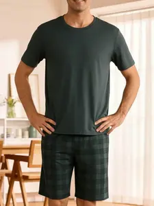 Men's Cartoon Print Short Sleeve Sleepwear Loungewear Set, 2-Piece Plaid Shorts Pajama Suit, Comfortable Pyjamas Pjs Nightwear for Men