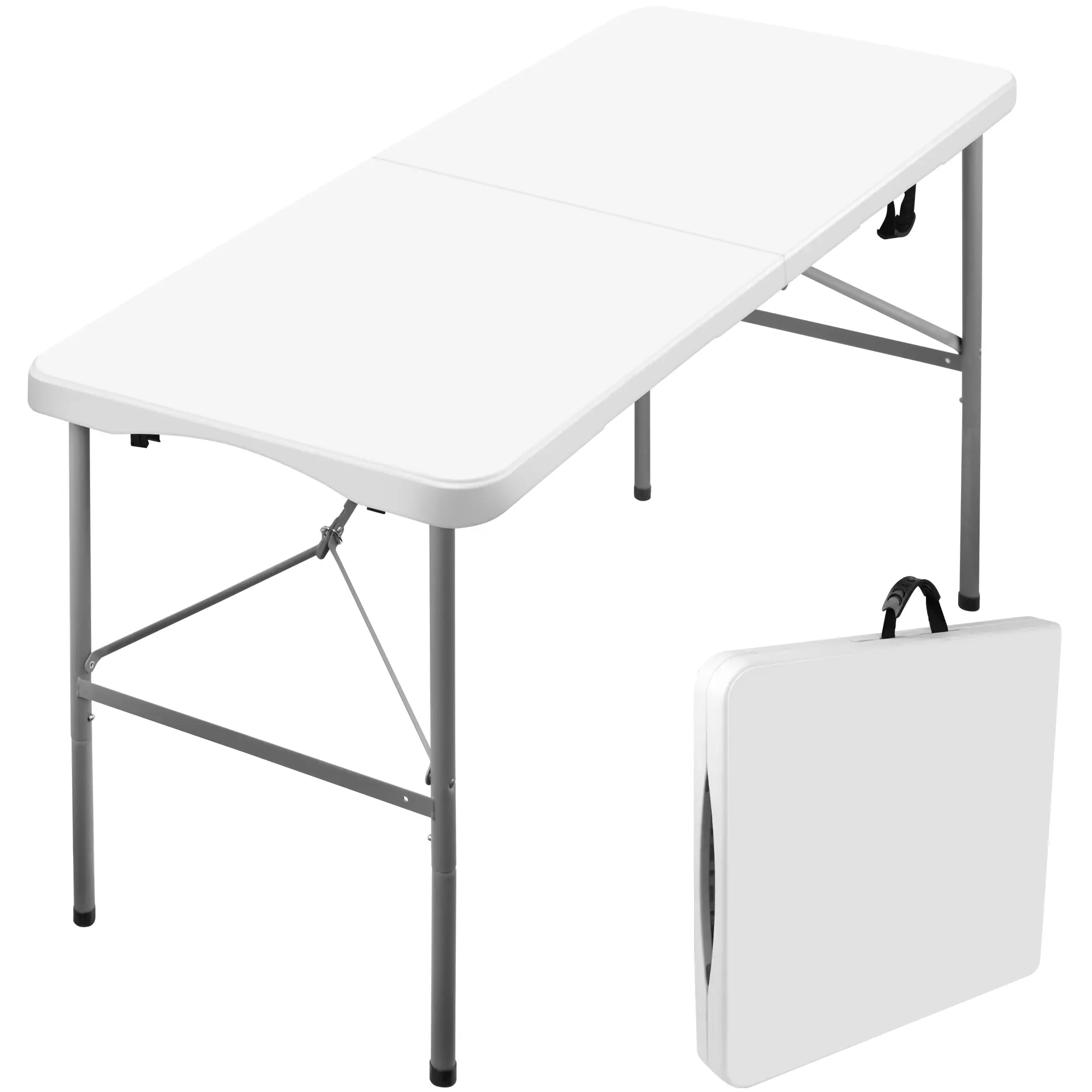 4FT FOLDING TABLE PLASTIC FOLD IN HALF TABLE OUTDOOR INDOOR WITH HANDLE AND LOCK WHITE Fully Assembled Quick Assembly Height Adjustable Sturdy Stable Foldable Portable Versatile Use Easy Storage