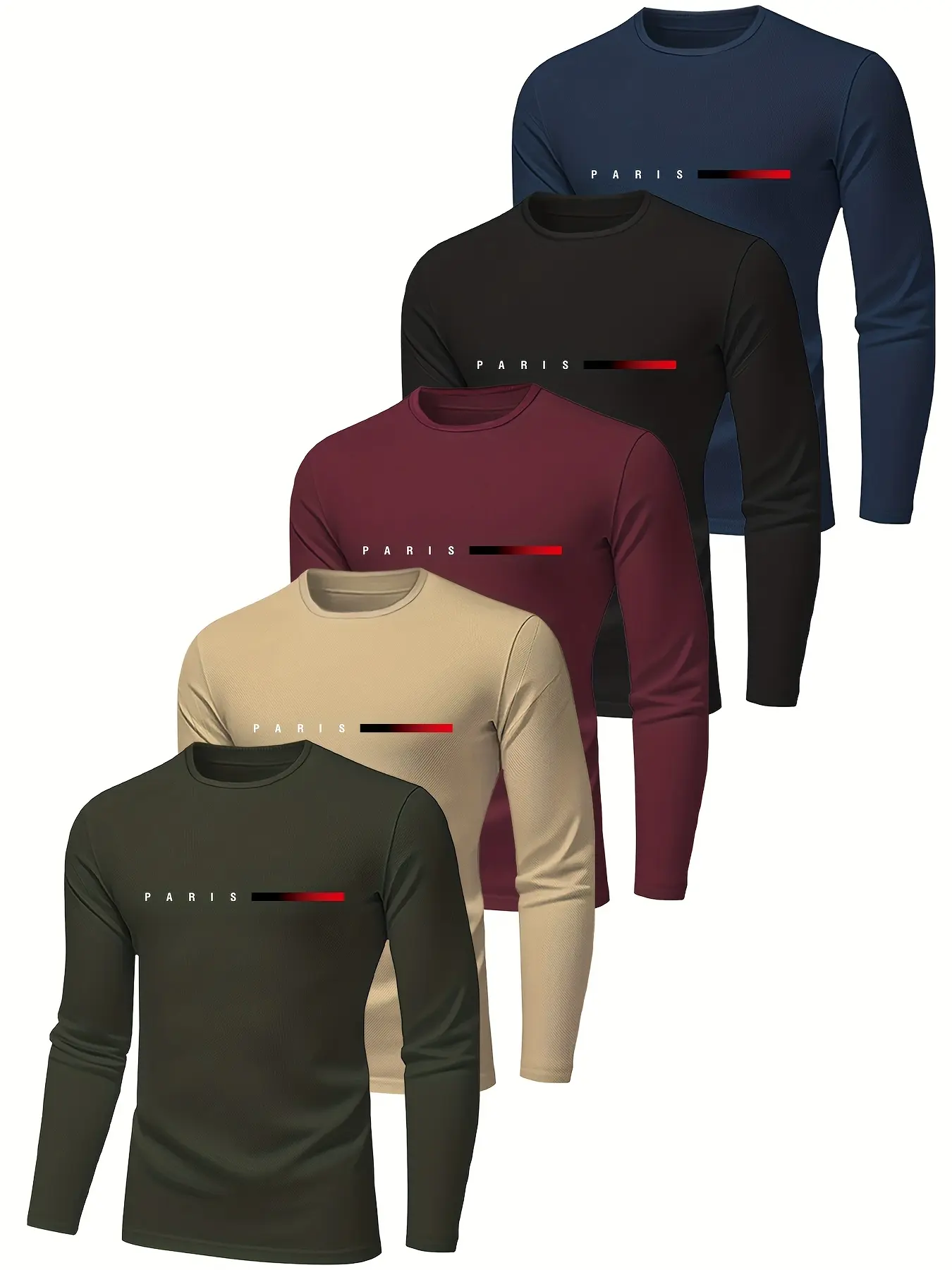 Men's Long Sleeve T-Shirt Set, Crewneck, Top, Casual, Breathable Polyester Fabric, Paris Print Design, Regular Fit, Spring & Fall Wear, Geometric Pattern, Fitted, Garment