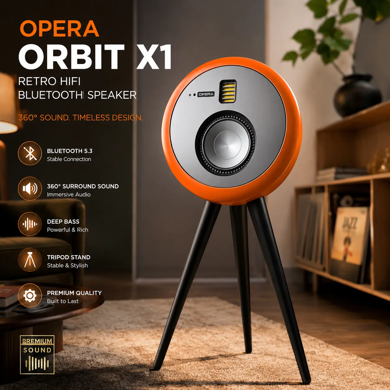 OE Opera Orbit X1 Retro HiFi Bluetooth Speaker, 360° Stereo Surround Sound Wireless Audio System with Premium Deep Bass, Optical Floor Standing Speaker with Tripod Stand for Living Room Music Lovers