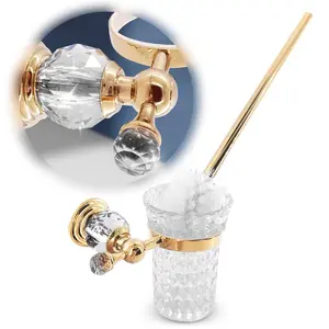 NOVSIX Gold Stainless Steel Toilet Brush with Crystal Holder Set - Wall-Mounted, Replaceable Head, Decorative Space-Saving, Cleaning Bathroom Accessory
