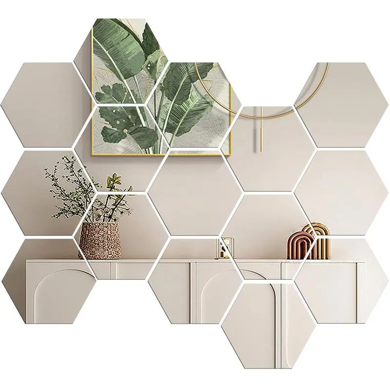 12 pieces Hexagonal Self-Adhesive Mirror Wall Stickers, Wall Art Decorative Stickers, Home Living Room Bedroom Wall Decor, Mirror Stickers