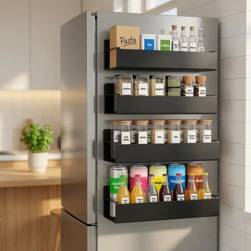 4 Pack Magnetic Spice Rack Organizer Black Fridge Storage for Refrigerator Oven Toolbox Garage Home Workspace Carbon Steel Plastic Wall Mounted,Kitchen Storage Solution