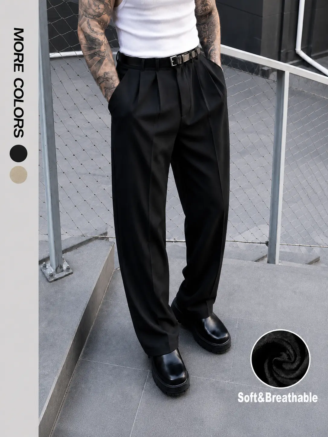 HEYKESON Men's Double Pleat Wide Leg Dress Pants - Wrinkle-Resistant Fluid Drape Stretch Trousers, Business Casual Men's Pants for Work & Special Occasions, Classic Formal Vintage Plain Soft Smooth Fabric Tank Tops Compatible (Beige, Black)