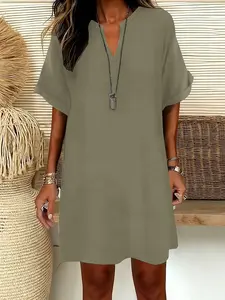 Women's V-Neck Solid Color Simple Minimalist Summer Short Sleeve Midi Dress, Retro Casual A-Line Dress, Loose-Fitting All Seasons Fashion, Womenswear