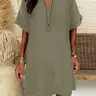 Women's Simple Minimalist Solid-Color V-Neck Short-Sleeve Midi A-Line Dress, Loose-Fitting Retro Casual Summer Style for All Seasons, Womenswear