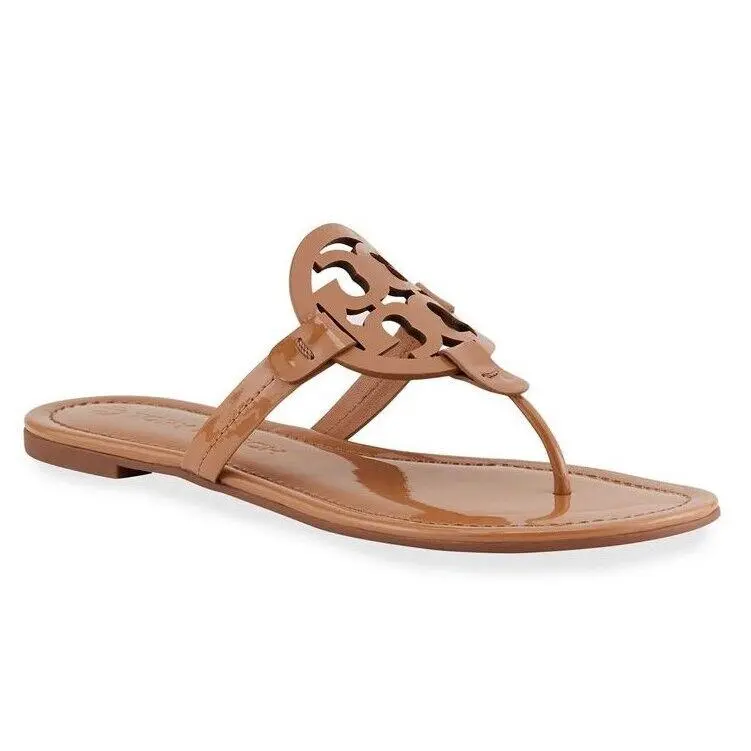 Tory Burch Women's Miller Classic Flat Shoe, Patent Leather Sandal with Cushioned Footbed and Laser-Cut Logo, Footwear, Rubber