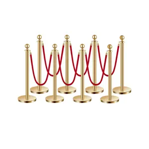 VEVOR Stanchions and Velvet Ropes 8Pcs, Hollow Base with Stainless Steel Post, 6 Red Velvet Ropes and Posts, Crowd Control Barriers Gold Stanchions, Red Carpet Runner Poles for Party Supplies