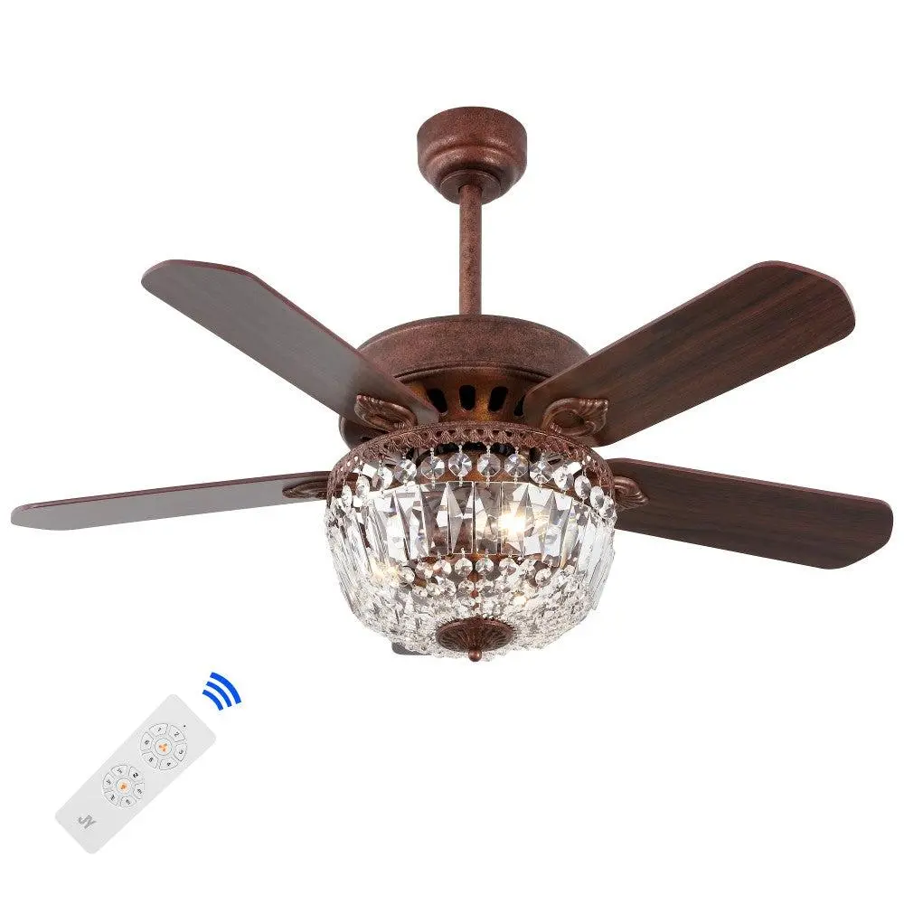 Neva 42" Round Rustic Industrial Fandelier, 3-Light LED Ceiling Light with Iron Body, Metal/Crystal Bowl Shade, 6-Speed, Mobile-App/Remote Control, Indoor Room Decor (Includes LED Bulbs)