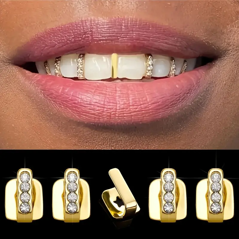 5pcs Bright KC Golden Plated Rectangle Single Stone Teeth Grillz, No Glue And No Piercing Hip Hop Tooth Decorations, Niche Street Fashion Unisex Additions, Trendy Small Jewelry Gifts for Birthday Party