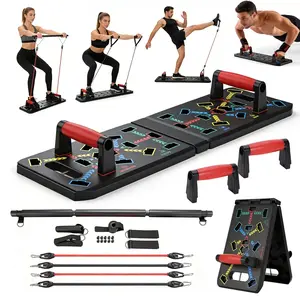 Home Gym System Adjustable All-in-1 Push-Up Board Set with Pilates Bar Resistance Bands Ab Roller Foldable Rack Portable for Men Women Black
