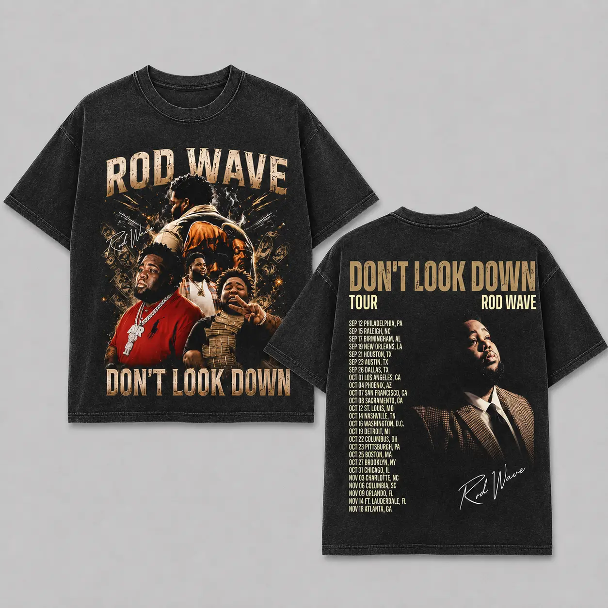 Rod Wave Don't Look Down Tour 2026 Premium Washed Tee, Double Sided Concert Merch Graphic Washed Hoodie, Vintage Bootleg Hip Hop Rap Streetwear Shirt, Music Tour Fan Gift