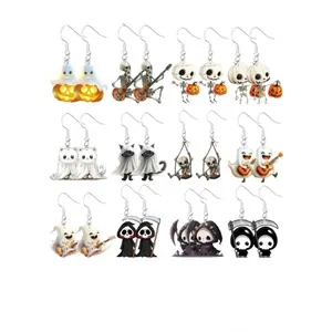 24 Pcs Halloween Earrings Set, Cute Ghost Mummy Pumpkin Cat Skull Death Cartoon Style, Party Favor Gift Sharing Pack, Witchy Jewelry