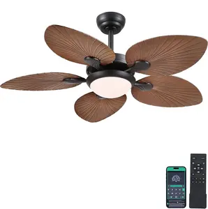 Kviflon  Outdoor Tropical Ceiling Fan with Lights and Remote/APP Control 44 Inch Palm Leaf Fan LED Dimmable Light Brown High-Quality Motor Smart Control for Hallway-8230