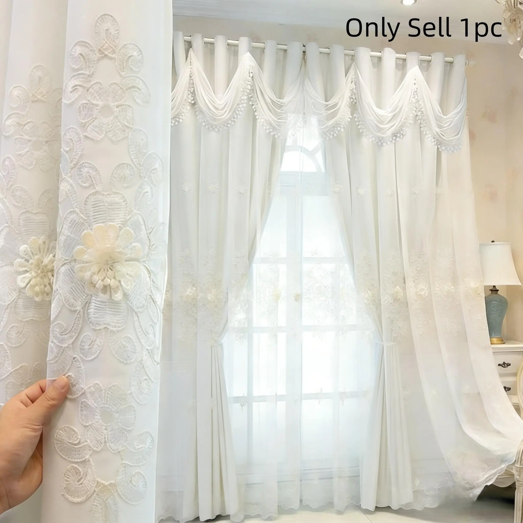 1pc French Luxury Double Layer Skirted Curtain, Integrated Sheer & Blackout, 100% Blackout Princess Style with Black Backing, Perfect for Bedroom, Kids Room & Living Room, Blackout Window Cover, Window Curtain, Home Decoration Curtain, Blackout Curtains