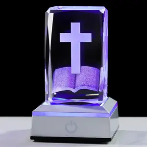 JOOMAPO 3D Crystal Cross Figurine Set - Laser-Engraved Bible with Cross, Colorful LED Artwork Novelty Lighting Base, Christian Home Decoration, Christmas Blessing Religious Gift with Gift Box (Father's Day Symbol),summerwins