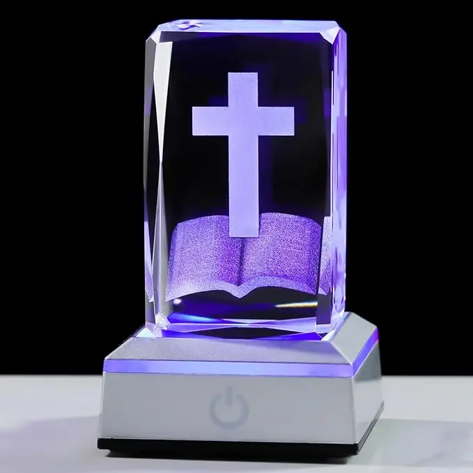 JOOMAPO 3D Crystal Cross Figurine Set - Laser-Engraved Bible & Cross, Colorful LED Lights Base, Christian Home Decor, Gift Boxed Blessing Gift for Women, Boys, Boyfriend (Father's Day Symbol), Christianity
