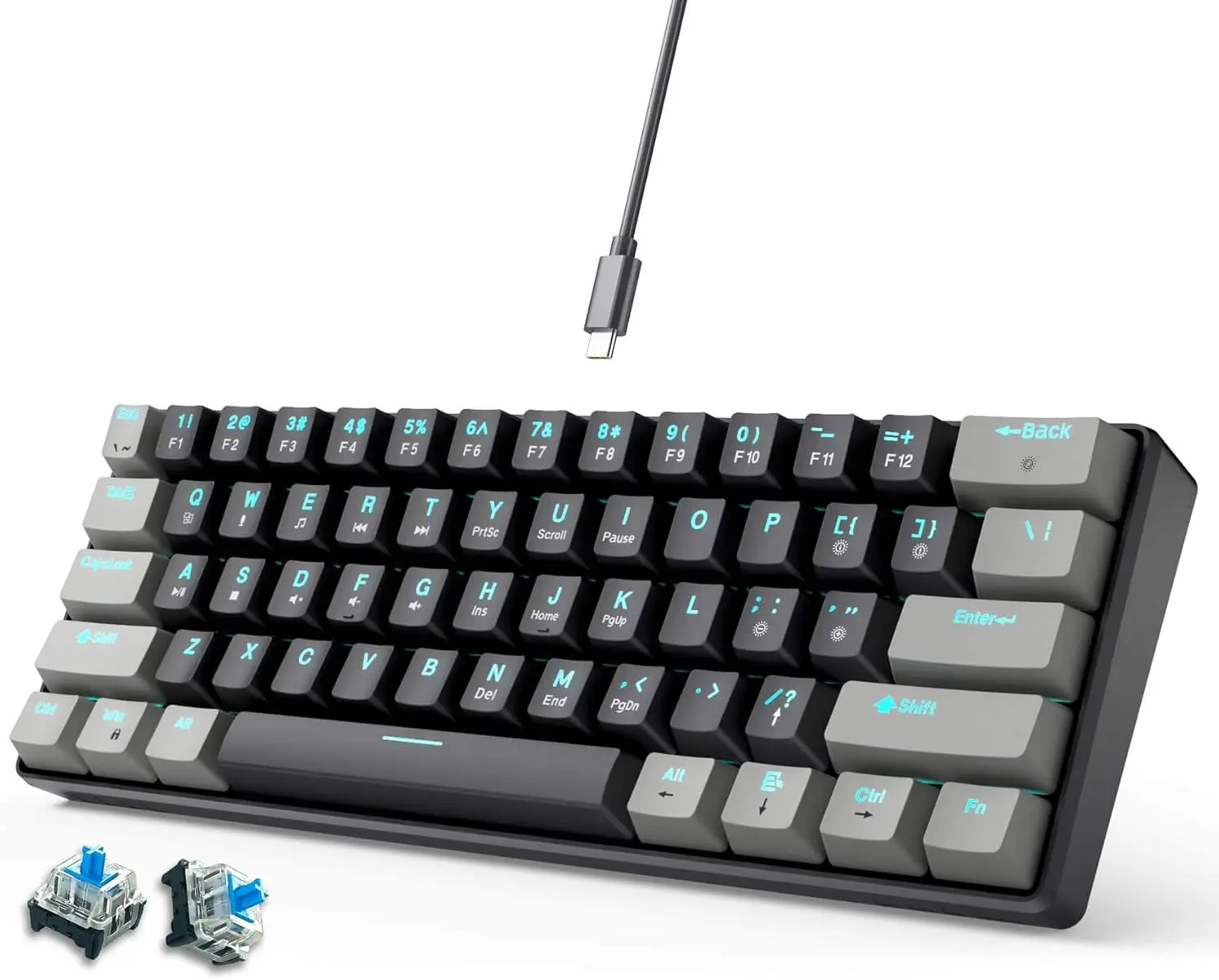 60% Mechanical Gaming Keyboard Blue  Wired Compact Keyboard Anti-Ghosting No-Conflict 61 Swappable keycaps  Design for Windows/
