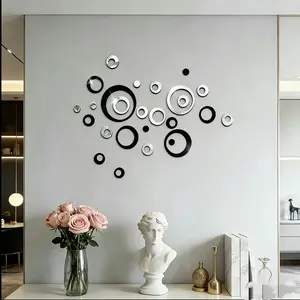 24pcs Silver black combination hollow circularacrylic mirror wall sticker, suitable for homedecoration, living room, bathroom, bedroomback ground wall decoration, home decorationlintel decoration, DIY Removable detachable wall sticker Wall Decal