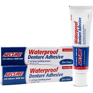 Waterproof Denture Adhesive - Zinc Free - Extra Strong 12 Hour Hold - 1.4 oz (Pack of 2)