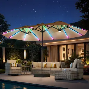 【Monochrome Lighted Umbrella】XIZZI 15FT Large Patio Umbrellas with Base Included, Outdoor Double-Sided Rectangle Market Umbrella with Crank Handle, for Pool Lawn Garden